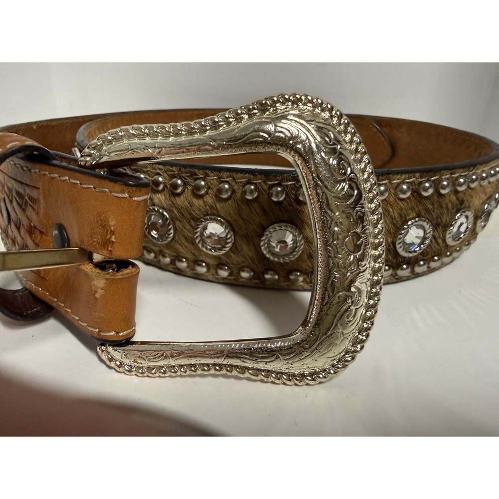 Ranger Belt Co Tooled Leather & Cowhide Bling Belt, Silver Tone Buckle Sz 32